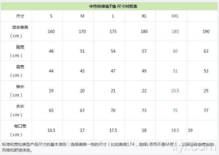 t恤尺寸对照表(不分男,女款)