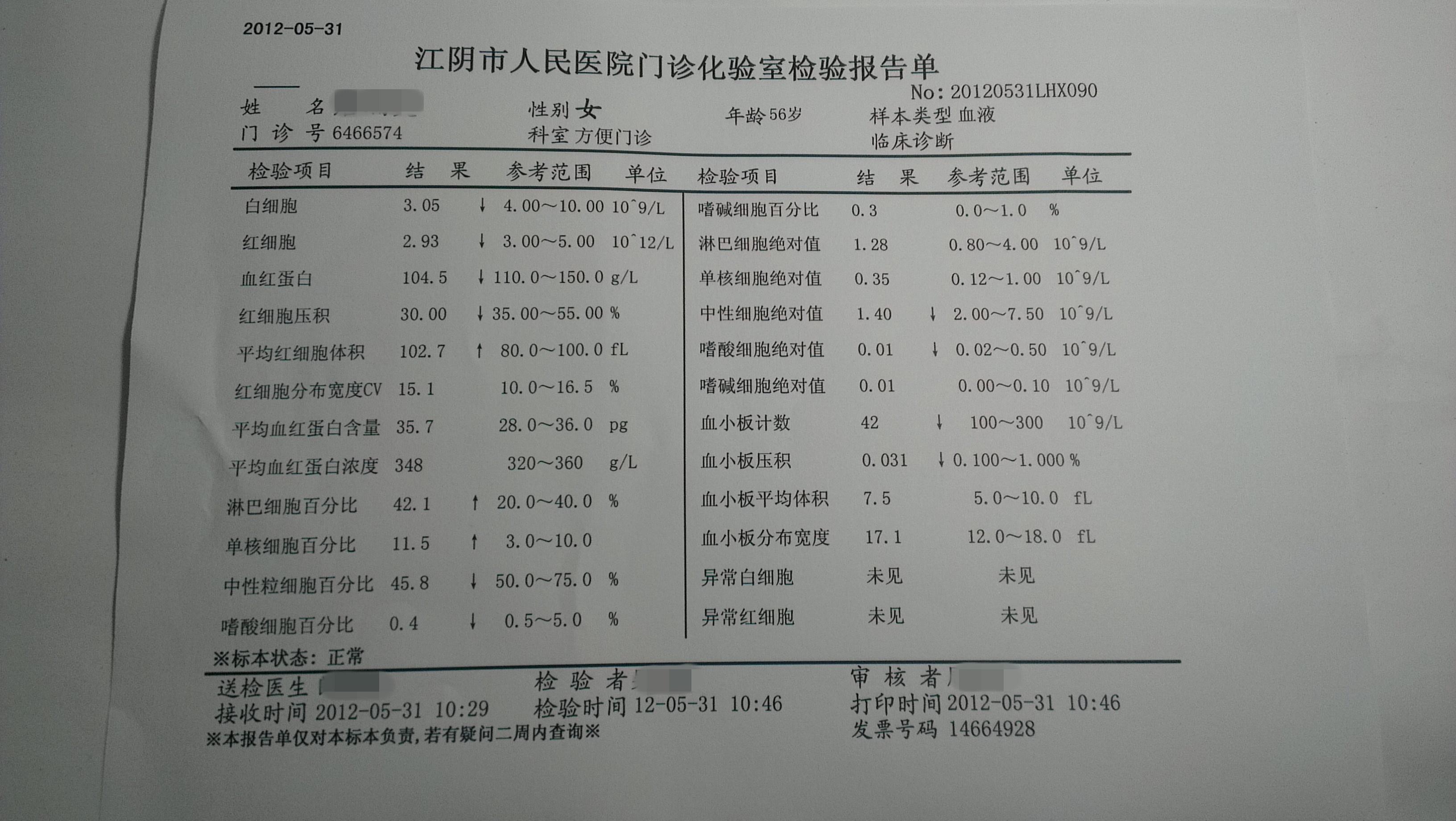 2009年验血发现血小板减低,服用利血生和花生衣,红枣等